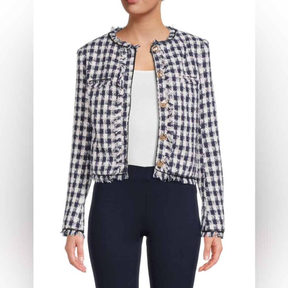 Walter Baker Callista Houndstooth Fringe Coat | Blue and White | XS | Like New!